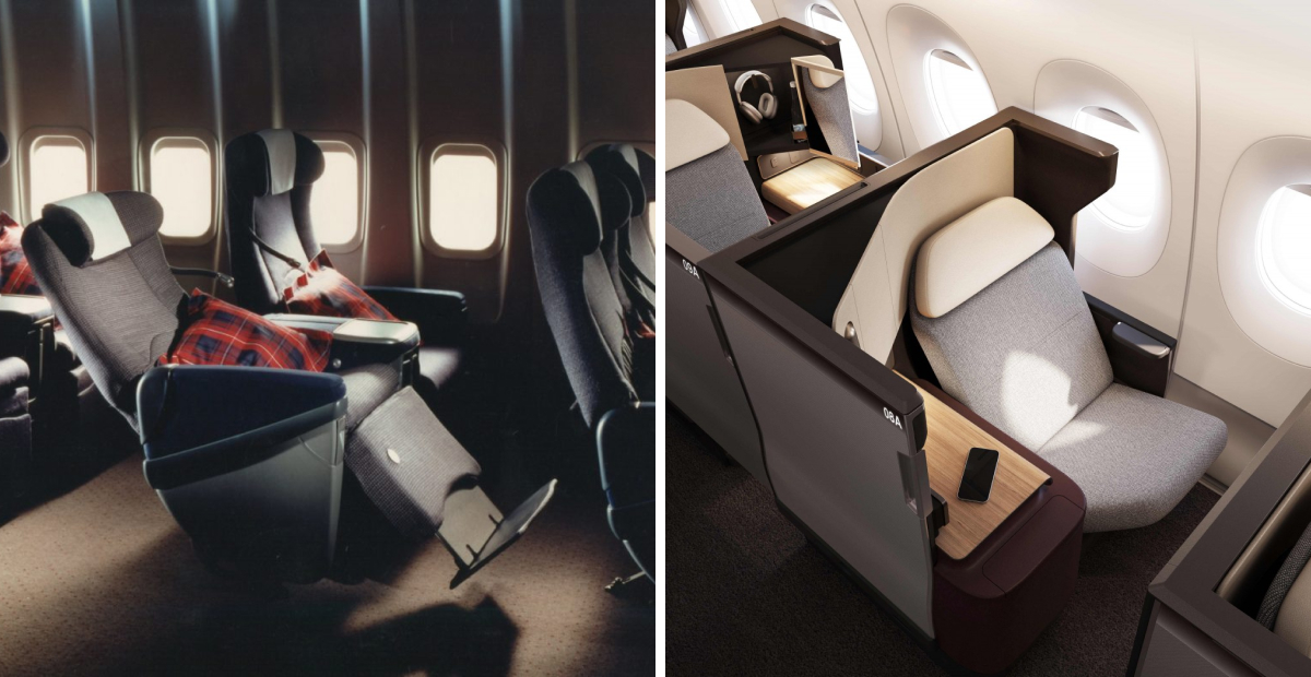 Comparison of business class seats from 1990s and modern private suites with sliding doors