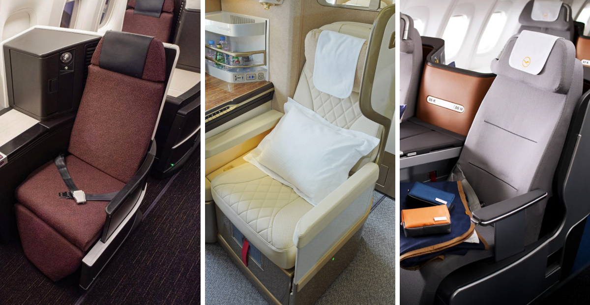 Split-screen comparison of business class cabin designs from Japanese, Middle Eastern, and Western airlines