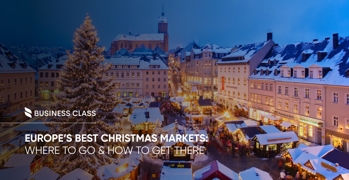 A stunning aerial view of a European Christmas market at night, glowing with festive lights and bustling with visitors, with text overlay promoting Europe’s best Christmas markets