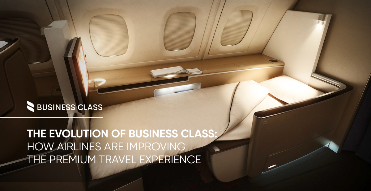 Panoramic view of a modern business class cabin featuring lie-flat seats, mood lighting, and luxurious design details, with Business Class logo in the corner